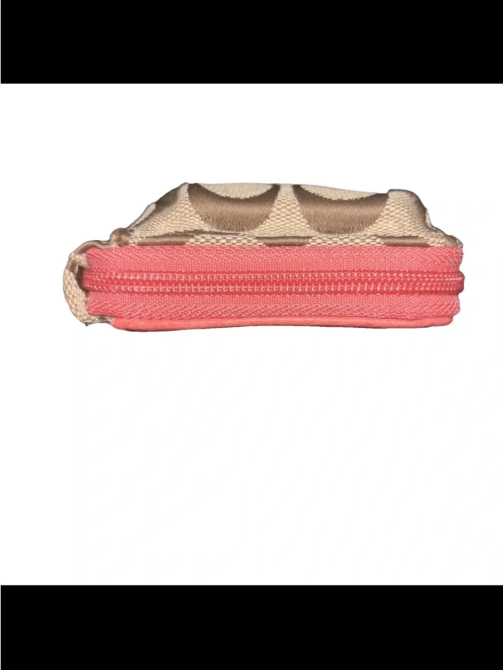 Coach Park Signature Zip Wallet Wristlet Khaki F50117 Brown Leather Clutch Coral
